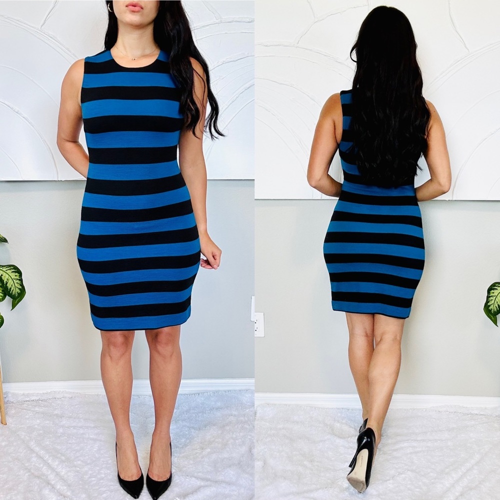 Diane von Furstenberg Blue-Black Striped Textured Wool Rigmora Dress